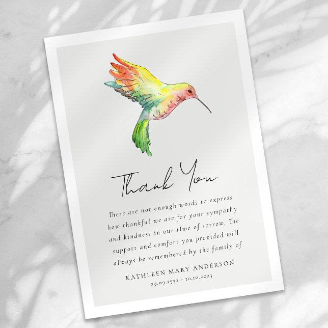 Hummingbird Sympathy Funeral Thank You Card (Creator Uploaded)
