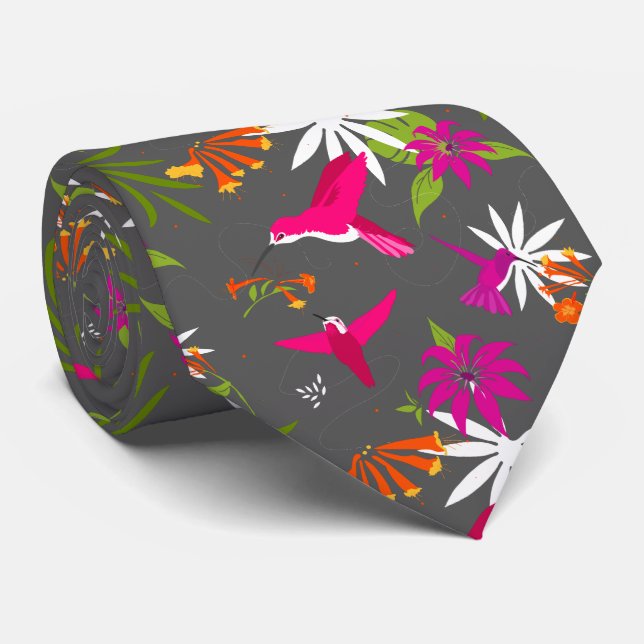 Hummingbird Tropical Beach Wedding Pink Gray Tie (Rolled)