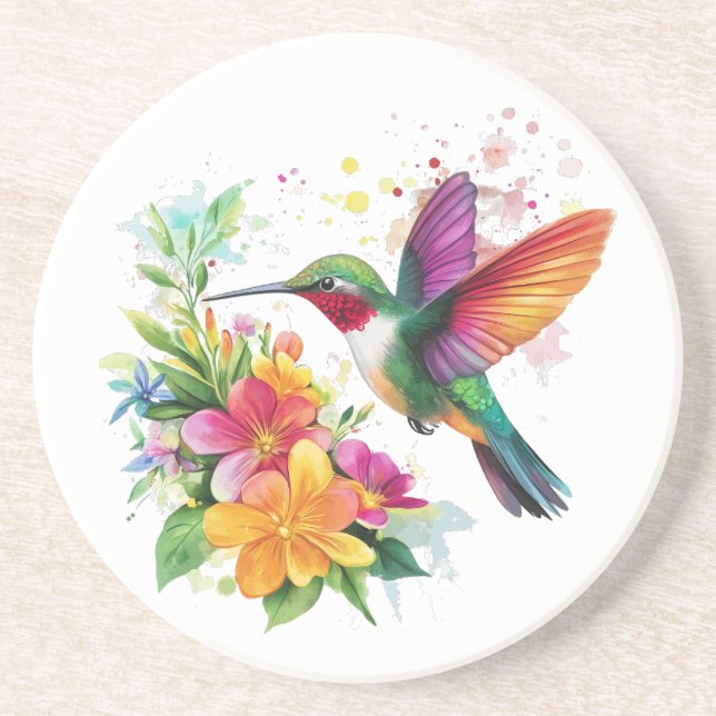Hummingbird Tropical Flowers Coaster (Front)