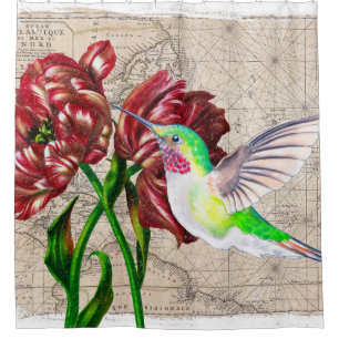 Hummingbird Tulips Map Shower Curtain