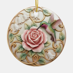 Hummingbird Vintage Victorian Pink Rose Floral Ceramic Ornament