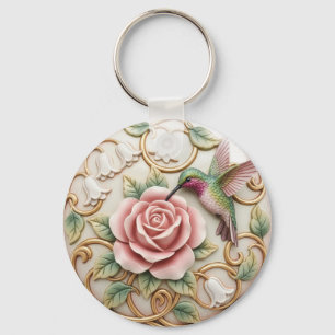 Hummingbird Vintage Victorian Pink Rose Floral Key Ring