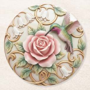 Hummingbird Vintage Victorian Pink Rose Floral Round Paper Coaster