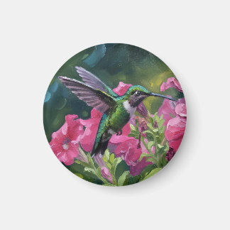 Hummingbird visiting my basket of flowers magnet