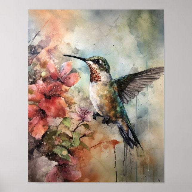 Hummingbird Watercolor Art Print Poster (Front)