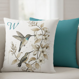 Hummingbird Watercolor Botanical Teal Cushion
