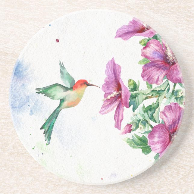 Hummingbird Watercolor Sandstone Coaster (Front)