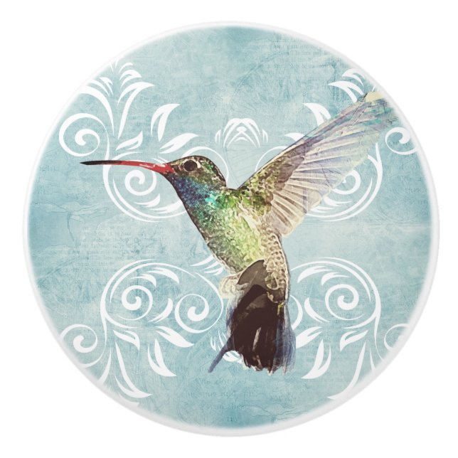 Hummingbird with Flourish Background Ceramic Knob (Front)
