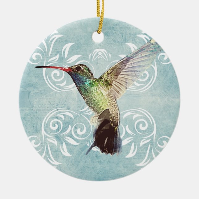 Hummingbird with Flourish Background Ceramic Ornament (Front)