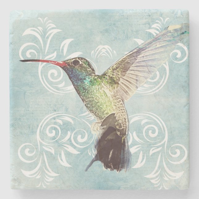 Hummingbird with Flourish Background Stone Coaster (Front)
