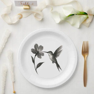 Hummingbird with Flower – Ink Brush Design on Paper Plate