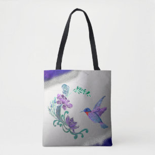 Hummingbird With Flowers on Geode Background Tote Bag