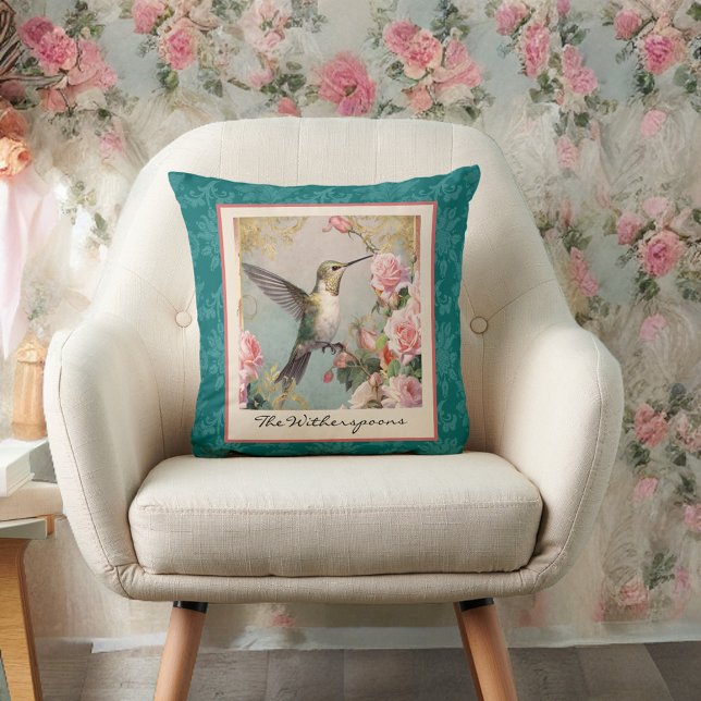 Hummingbird with Flowers on Teal Damask Monogram Cushion (Creator Uploaded)