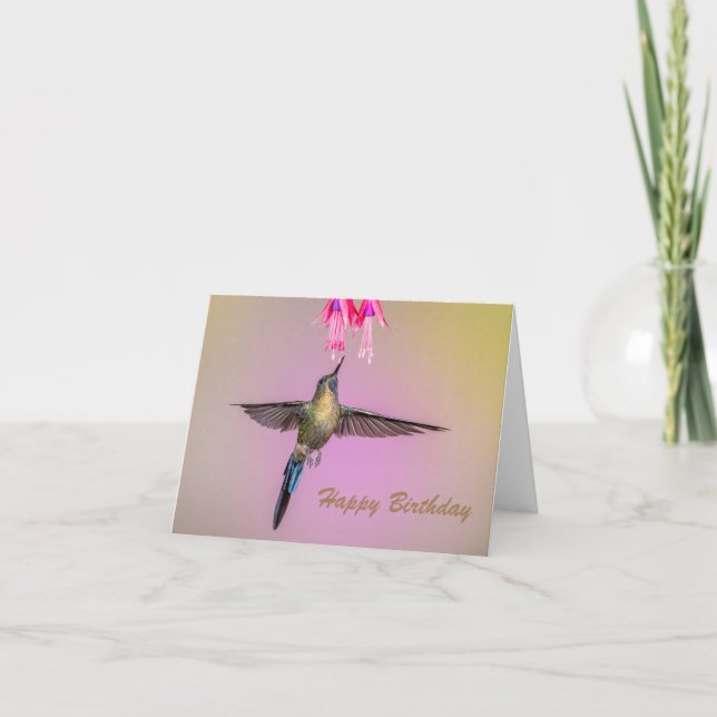 Hummingbird with Long Tail Flying Happy Birthday Card (Front)