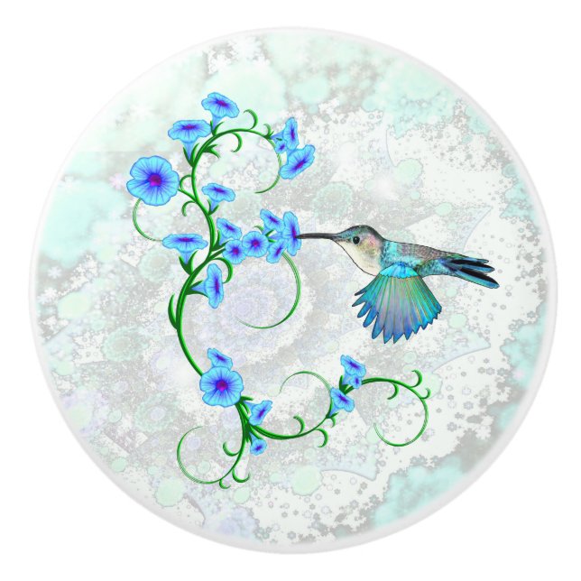 Hummingbird with Morning Glories Ceramic Knob (Front)