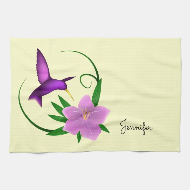 Hummingbird with pink flower tea towel (Horizontal)