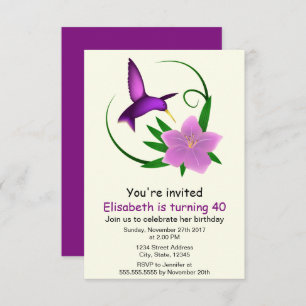 Hummingbird with pink flower woman birthday party invitation