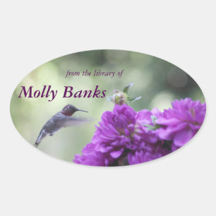 Hummingbird with purple dahlias bookplate oval sticker