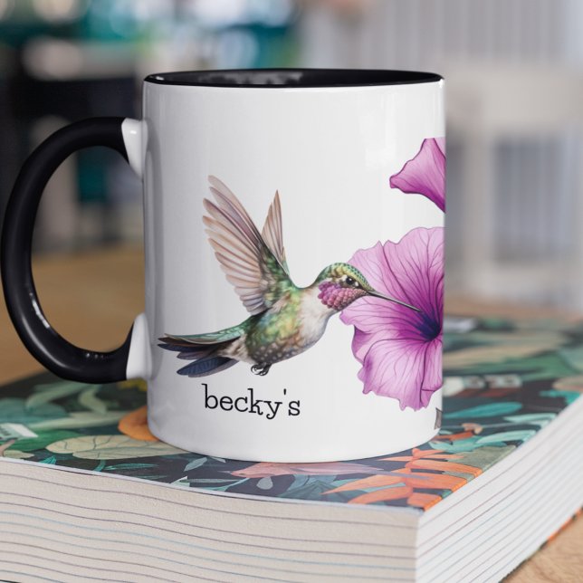 Hummingbird with Purple Flower Mug (Personalize this two tone coffee mug with hummingbird and purple and pink flowers as a gift. )