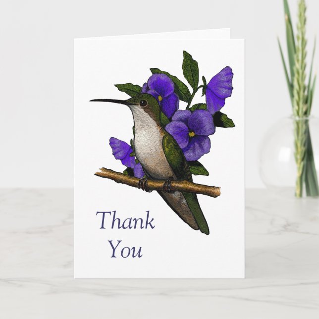 Hummingbird With Purple Pansies: Thank You: Art You Card (Front)