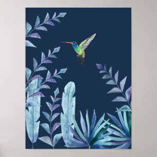 Hummingbird with tropical foliage in dark blue poster