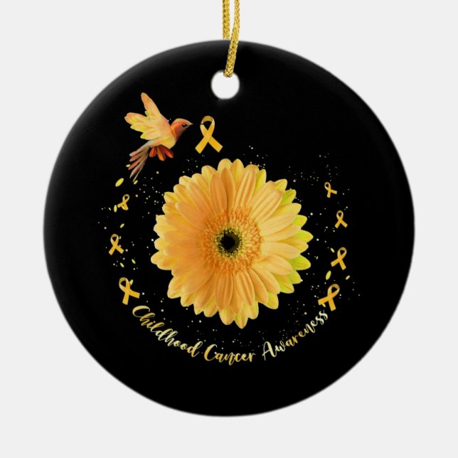 Hummingbird Yellow Sunflower Childhood Cancer Ceramic Ornament (Front)