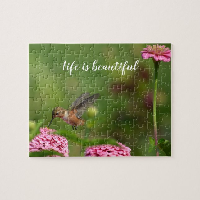 Hummingbird Zinnia Flowers Garden Jigsaw Puzzle (Horizontal)