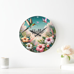 Hummingbirds Among Tropical Flowers Hello There Large Clock