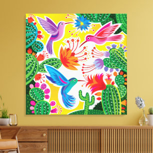 Hummingbirds and Blooming Cacti Canvas Print
