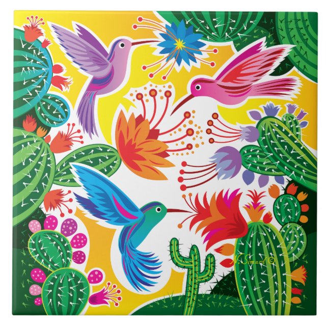Hummingbirds and Blooming Cacti Ceramic Tile (Front)