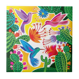 Hummingbirds and Blooming Cacti Ceramic Tile