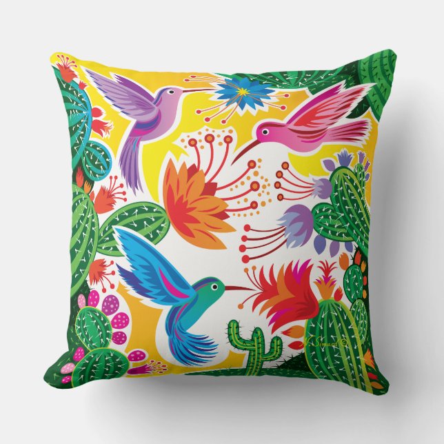 Hummingbirds and Blooming Cacti Cushion (Front)