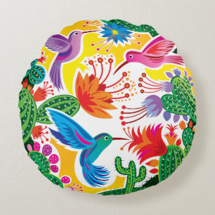 Hummingbirds and Blooming Cacti Round Cushion