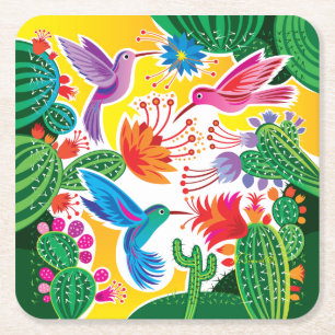Hummingbirds and Blooming Cacti Square Paper Coaster