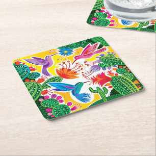 Hummingbirds and Blooming Cacti Square Paper Coaster
