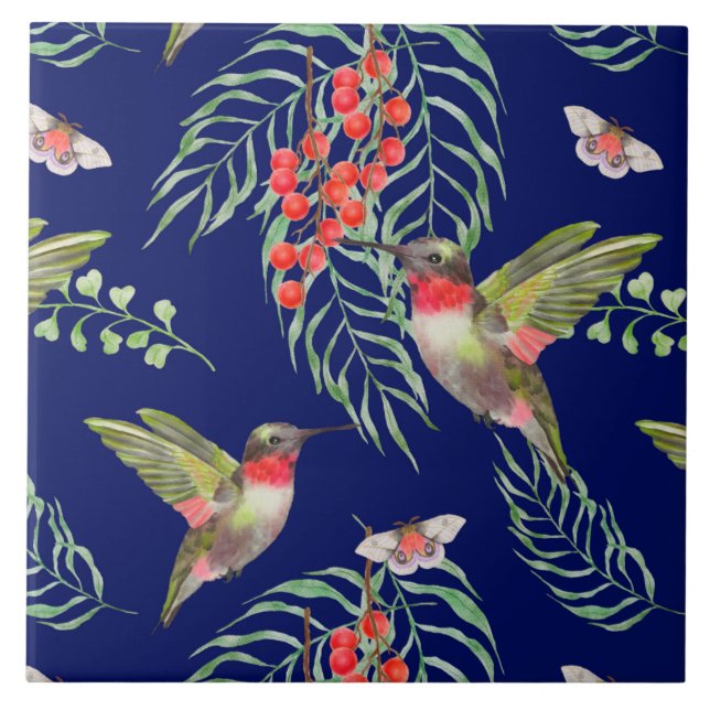 Hummingbirds and Butterflies Blue Tropical Pattern Ceramic Tile (Front)