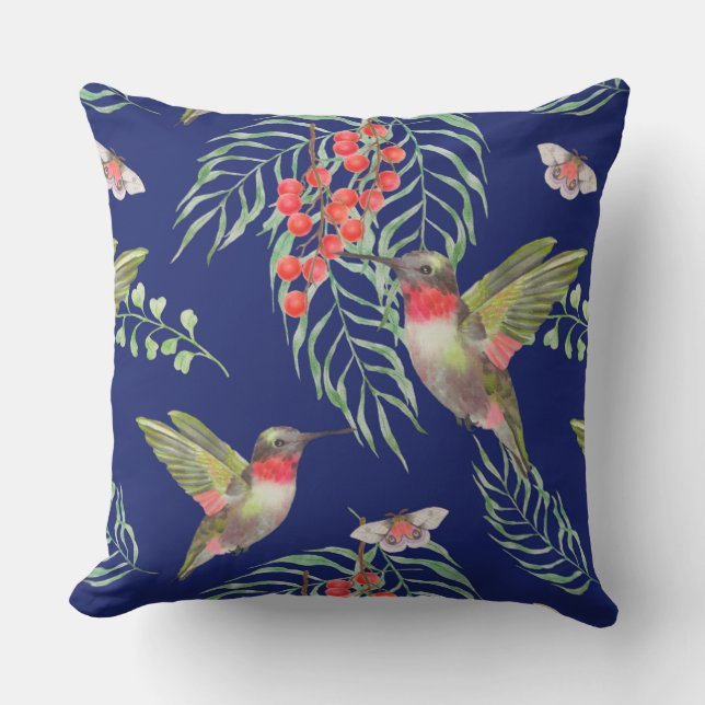 Hummingbirds and Butterflies Blue Tropical Pattern Cushion (Front)