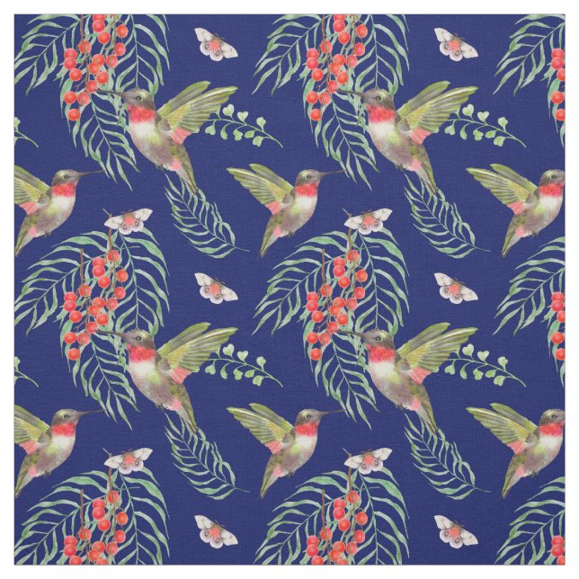 Hummingbirds and Butterflies Blue Tropical Pattern Fabric (Swatch)