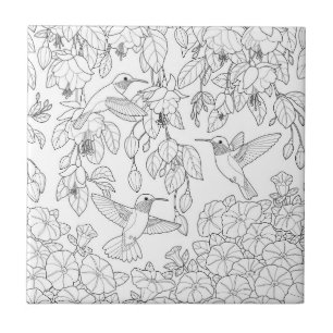 Hummingbirds and Flowers Adult Colouring Page Ceramic Tile