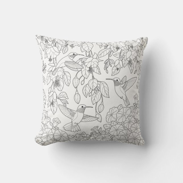Hummingbirds and Flowers Adult Colouring Page Cushion (Front)