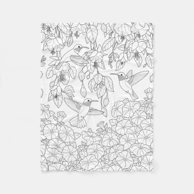 Hummingbirds and Flowers Adult Colouring Page Fleece Blanket (Front)