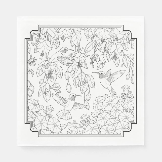 Hummingbirds and Flowers Adult Colouring Page Napkin (Front)