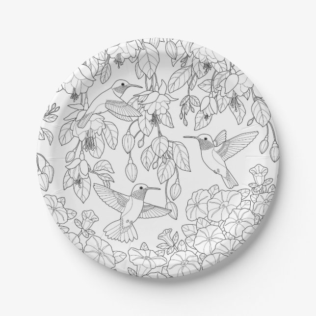 Hummingbirds and Flowers Adult Colouring Page Paper Plate (Front)