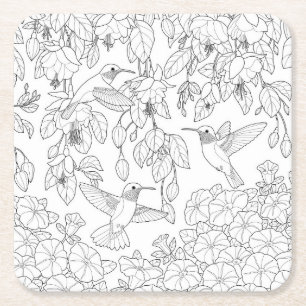 Hummingbirds and Flowers Adult Colouring Page Square Paper Coaster