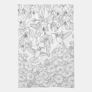 Hummingbirds and Flowers Adult Colouring Page Tea Towel