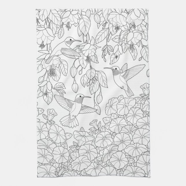 Hummingbirds and Flowers Adult Colouring Page Tea Towel (Vertical)