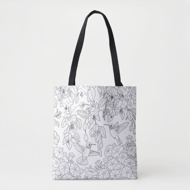 Hummingbirds and Flowers Adult Colouring Page Tote Bag (Front)