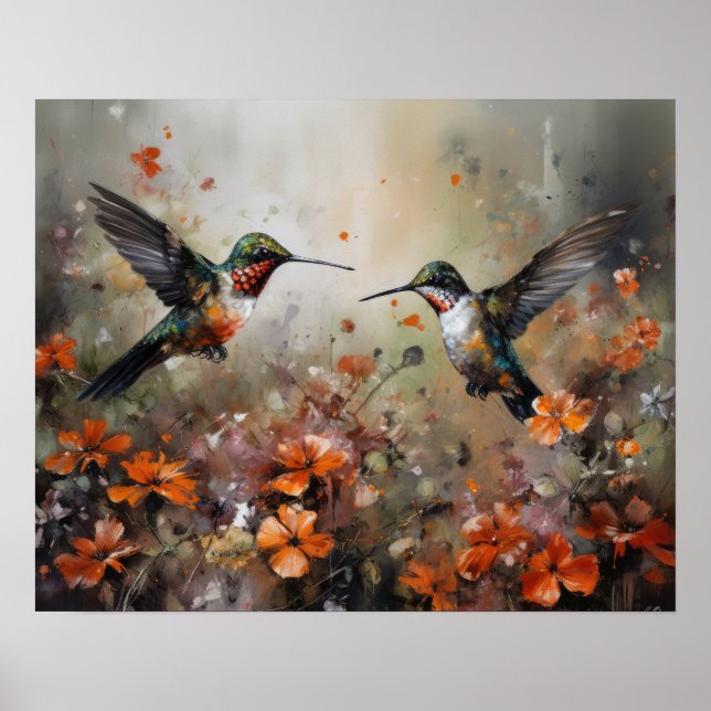 Hummingbirds And Flowers Bird Art Print Poster (Front)