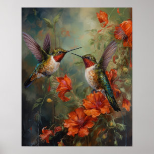 Hummingbirds And Flowers Bird Art Print Poster