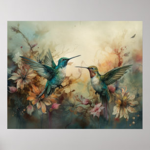 Hummingbirds And Flowers Bird Art Print Poster